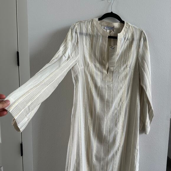 MY BEACHY SIDE Metallic Stripe Cotton Dress Asymmetrical Gold Resort Coverup - Picture 2 of 7